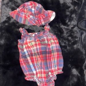 Chaps Ralph Lauren Plaid Baby Romper with Matching Hat Sz 3M